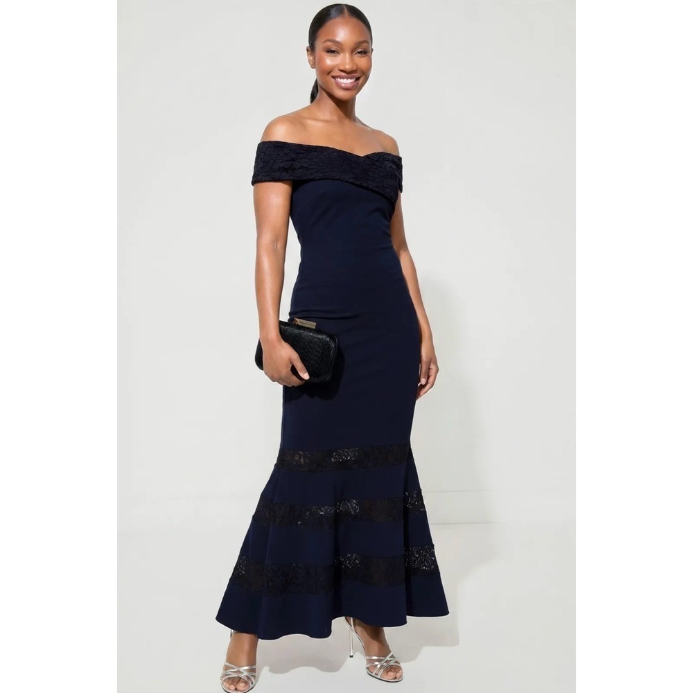 B41 Lauren Ralph Lauren Off Shoulder Trumpet Gown 8 Navy Lace Evening Formal